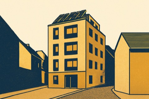 Kleines Lckenbau-Mehrfamilienhaus in Mainz mit schmaler Zufahrt und PV-Dach