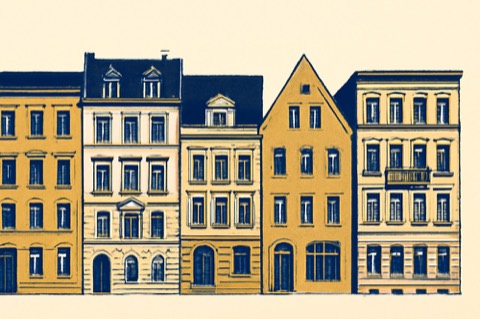 Two‑colour line illustration of five adjacent European apartment buildings