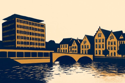 Frankfurter Flussufer mit Bürogebäude und deutschen Stadthäusern, stilisierte Zweifarben‑Illustration