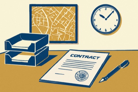 Notartisch mit unterschriebenem Share‑Deal‑Vertrag und Ablage für Grunderwerbsteuer‑Meldungen