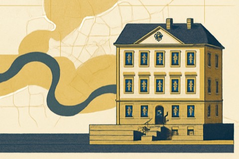 Two‑colour illustration of a riverside German townhouse with a visible basement and flood map overlay