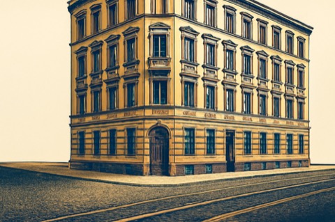 Berliner Eck-Altbau mit Hauseingang und Hausnummernschild