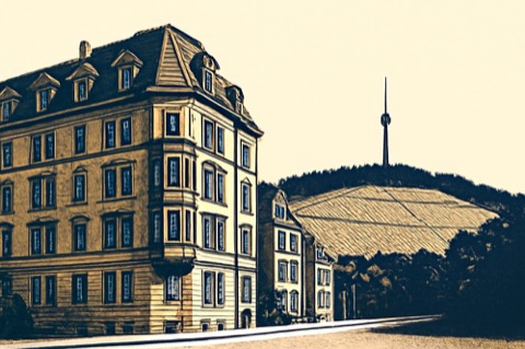 Gründerzeit‑Wohnhaus in Stuttgart‑West mit TV‑Turm‑Silhouette.