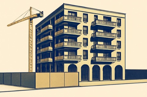 Neubau‑Mehrfamilienhaus in Berlin mit Kran und Balkonen