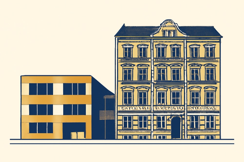 Illustration eines deutschen Altbau‑Wohnhauses neben einem modernen Neubau