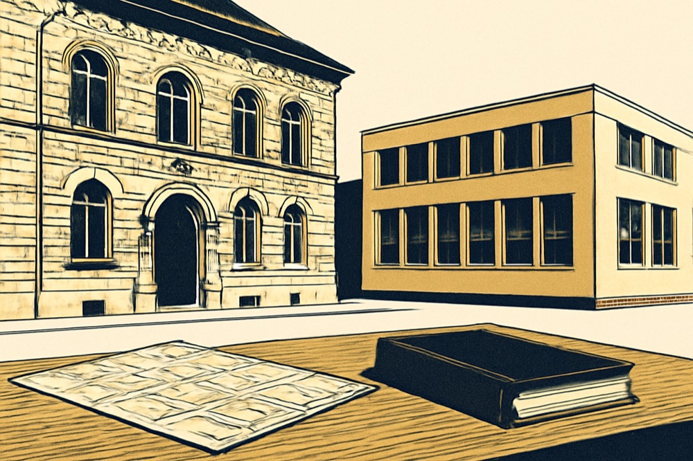 Fassade eines Amtsgerichts neben einem modernen Registeramt, im Vordergrund ein Katasterplan und ein geschlossenes Registerbuch.