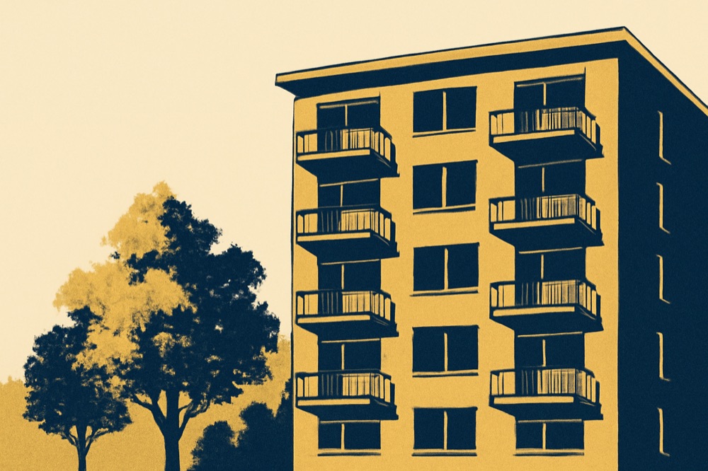 Two‑colour architectural illustration of a mid‑rise residential block with ten balconies