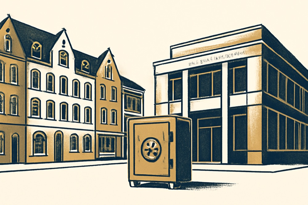 Two-colour architectural illustration of townhouses and a modern bank building with a closed safe in the foreground
