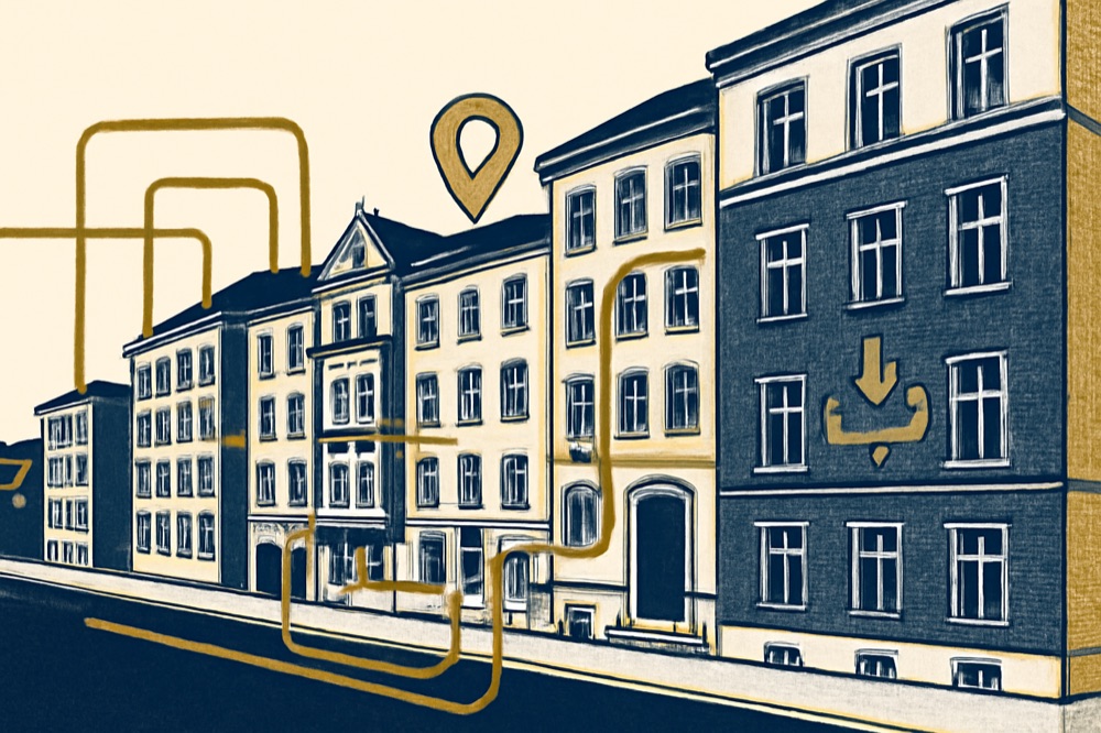 Architectural map‑style view of buildings with district‑heat pipe lines, map pin and download icon.