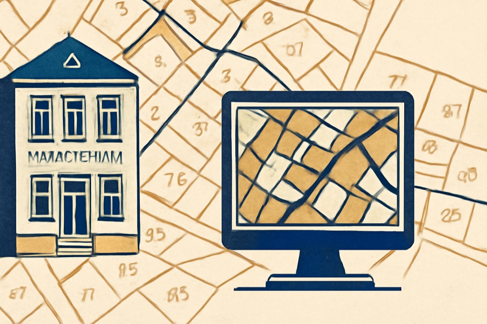 Two‑colour illustration of a German cadastral map and a municipal cadastre office with a geoportal map on a screen