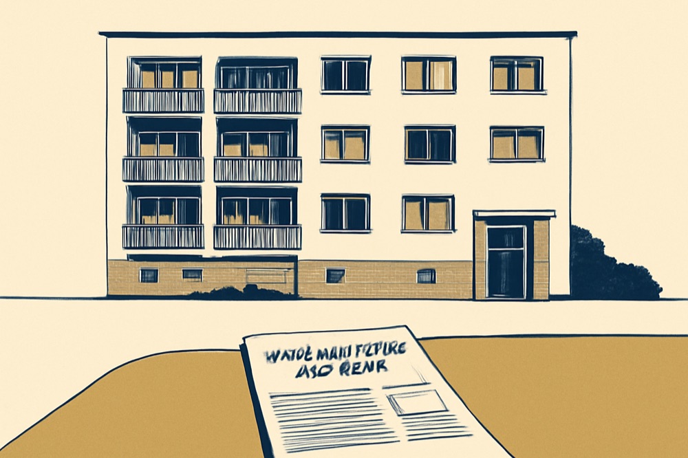 Zweifarbige Illustration eines mehrgeschossigen deutschen Wohnhauses und eines Bewertungsberichts auf einem Schreibtisch
