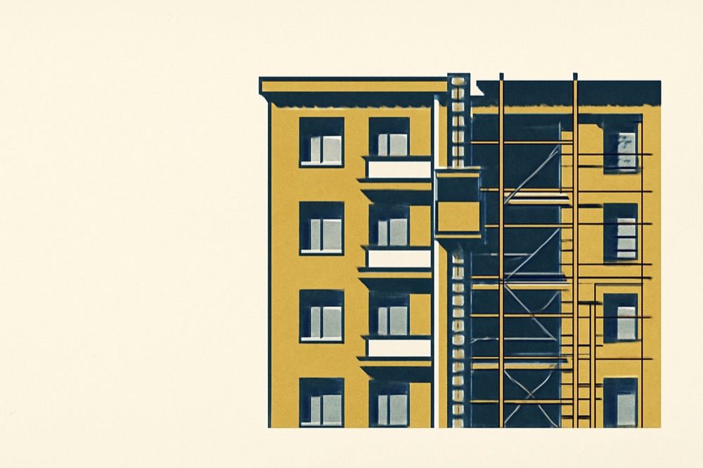 Apartment building facade under renovation with scaffolding, two-colour architectural illustration