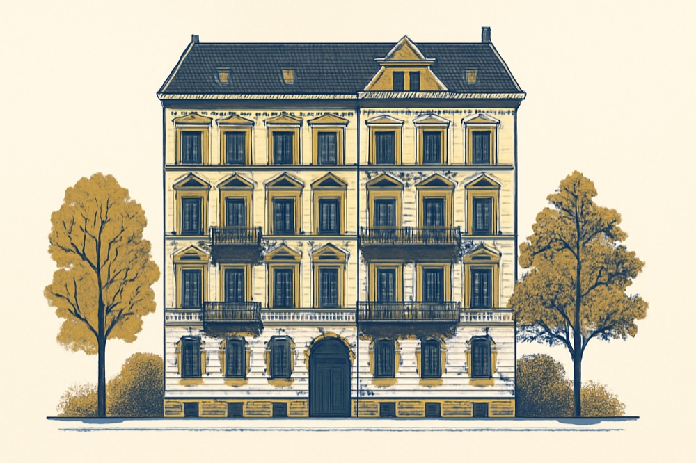 Teal-and-slate line drawing of a four-storey Berlin rental building facade