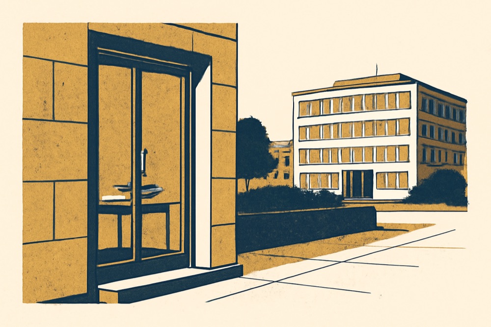 Modern notary office entrance with ledger book and municipal office in background