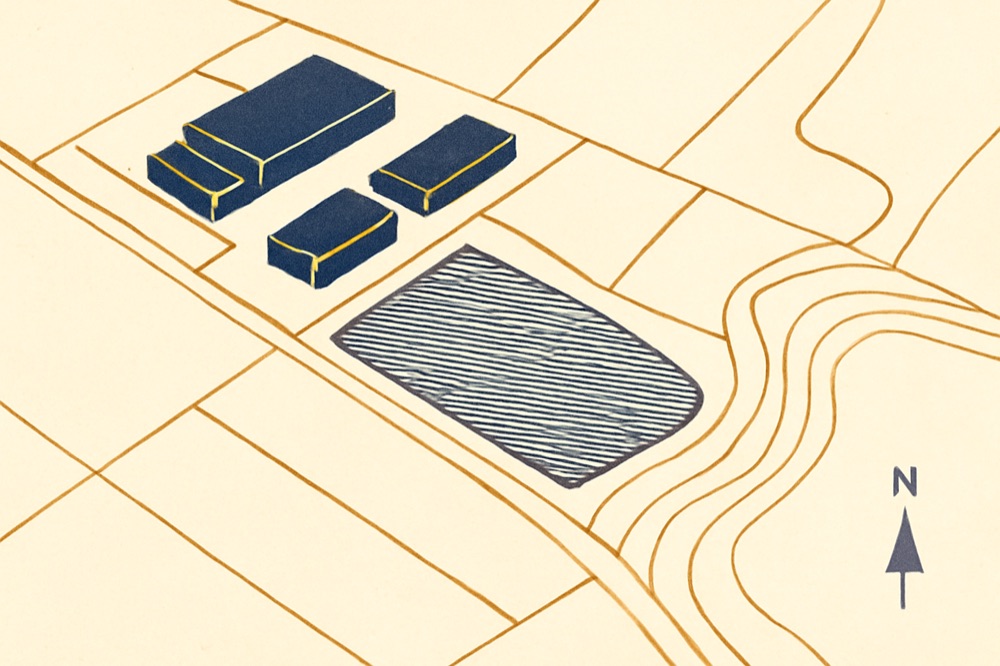 Top-down cadastral map of a parcel near industrial buildings and a marked landfill area, two-colour illustration.