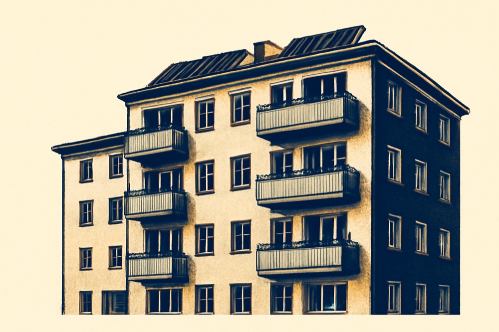 Two‑colour illustration of a multi‑storey apartment building with rooftop solar panels and an inverter box
