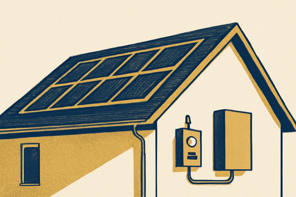 Rooftop with PV panels, battery cabinet and meter cabinet