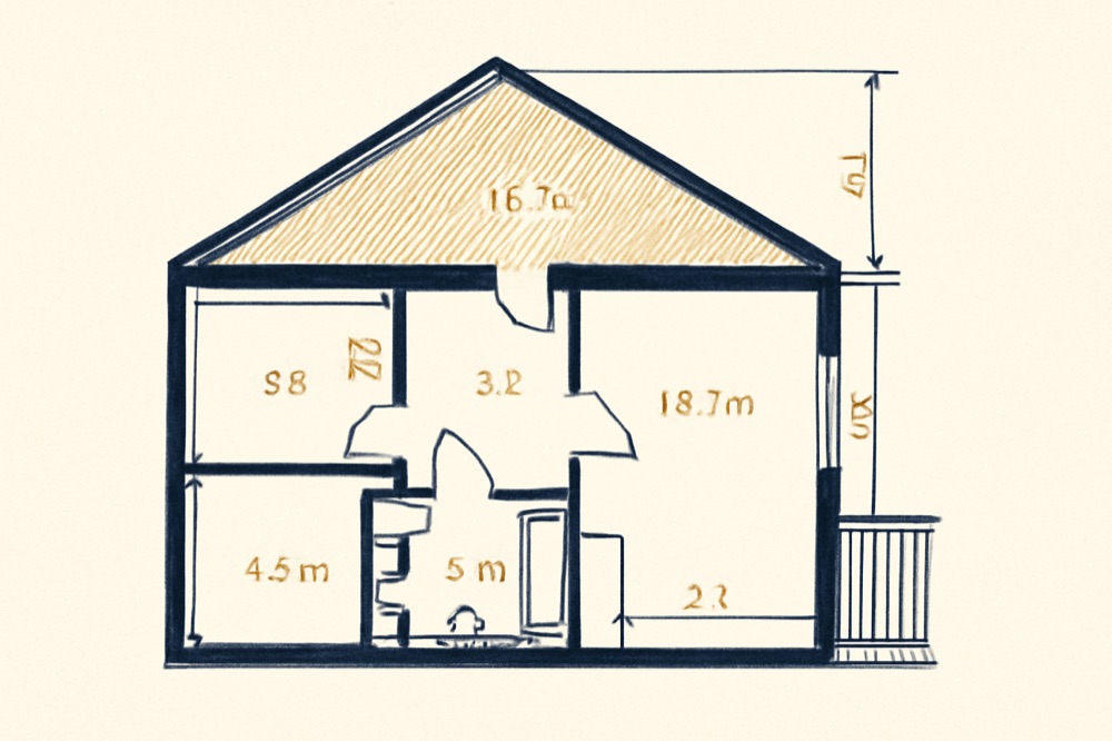 Architectural cutaway of an apartment with room-by-room measurement overlay