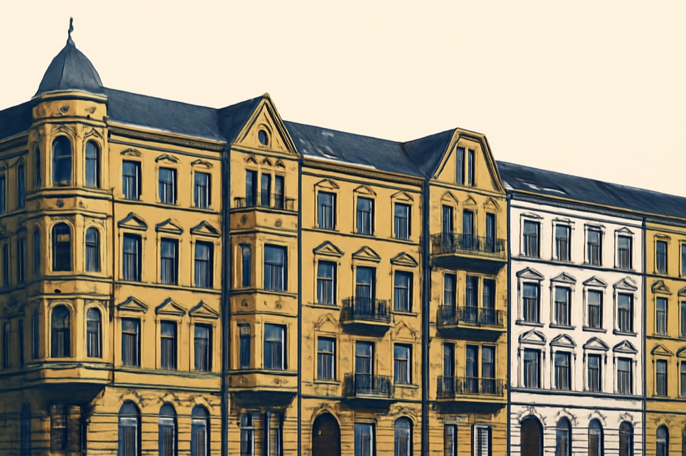 Two‑colour architectural illustration of German tenement facades