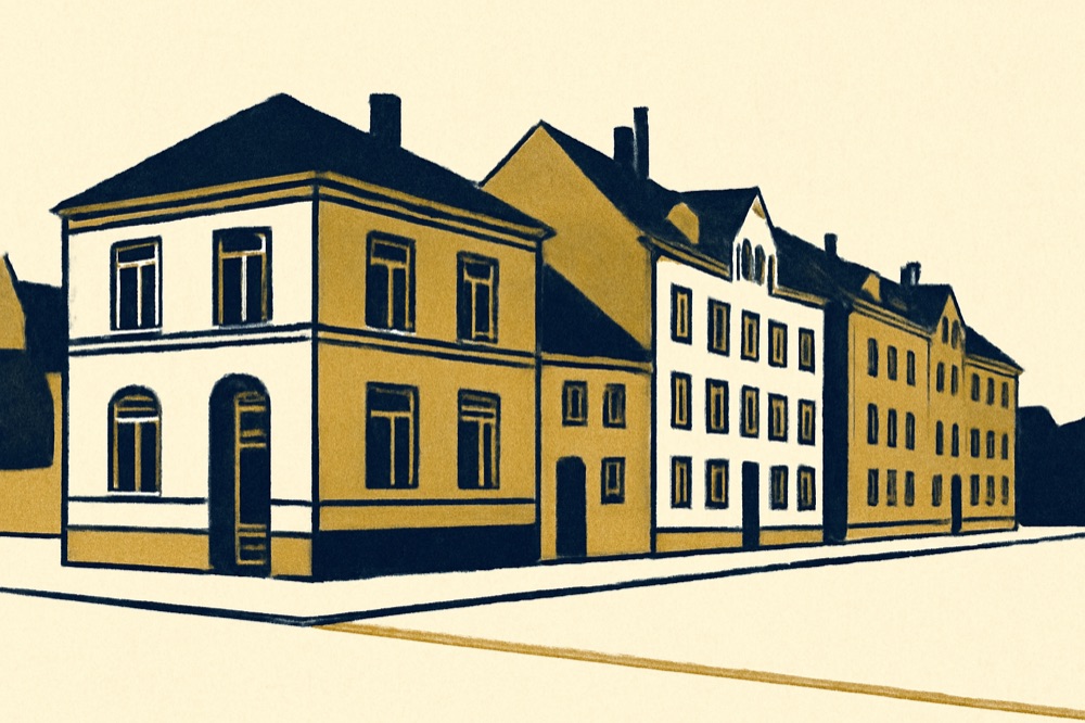 Zweifarbige Strichzeichnung eines deutschen Stadtblocks mit Gemeindeamt und Grundstücksgrenze.