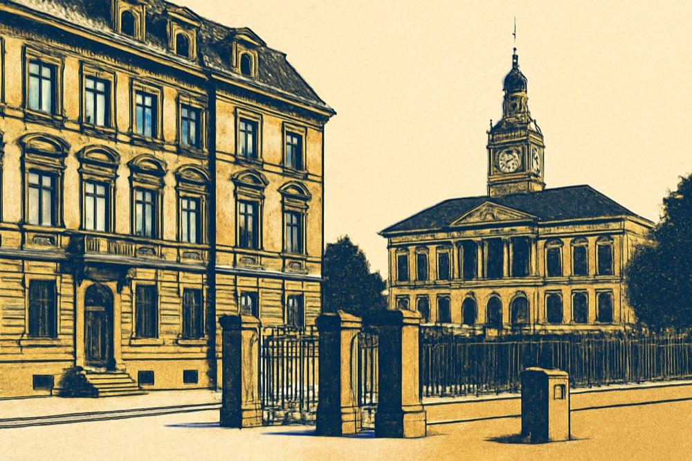 Two‑colour illustration of German townhouses with a Rathaus behind them and a gated entrance.
