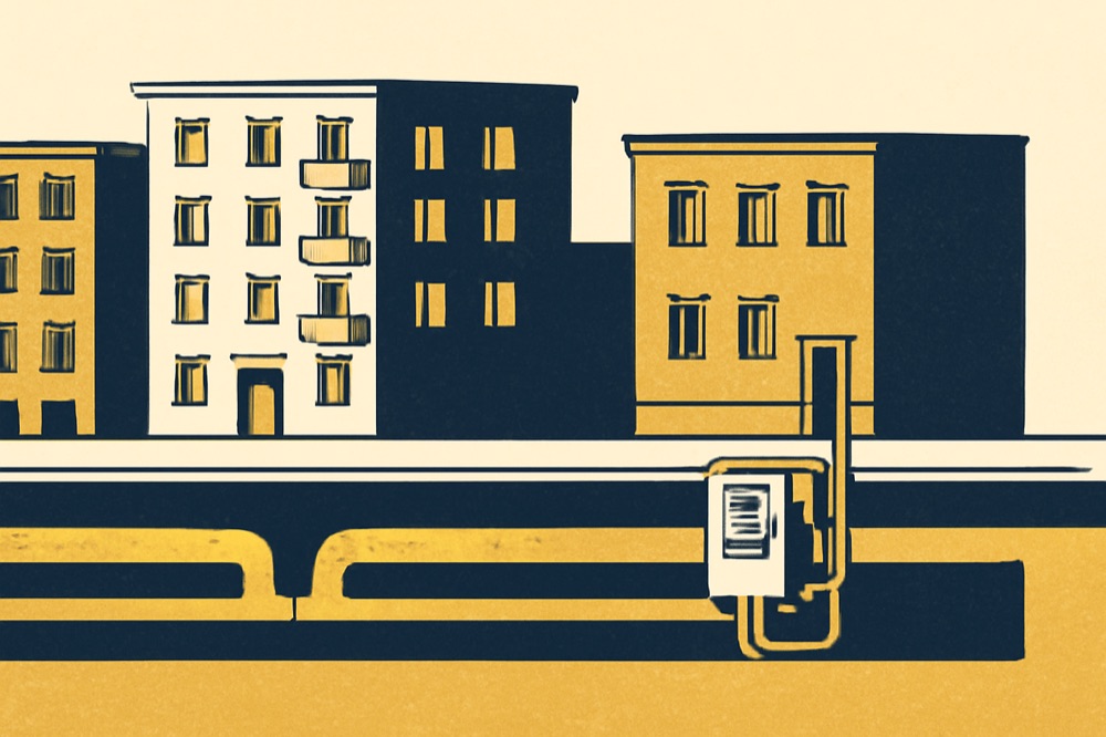 Two‑colour cutaway of an urban street with district‑heat pipes and a pavement substation