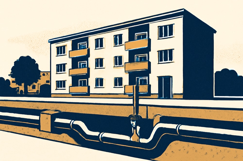 Zweifarbige Linienzeichnung eines Wohnblocks und Fernwärmeleitungen mit Verteilern