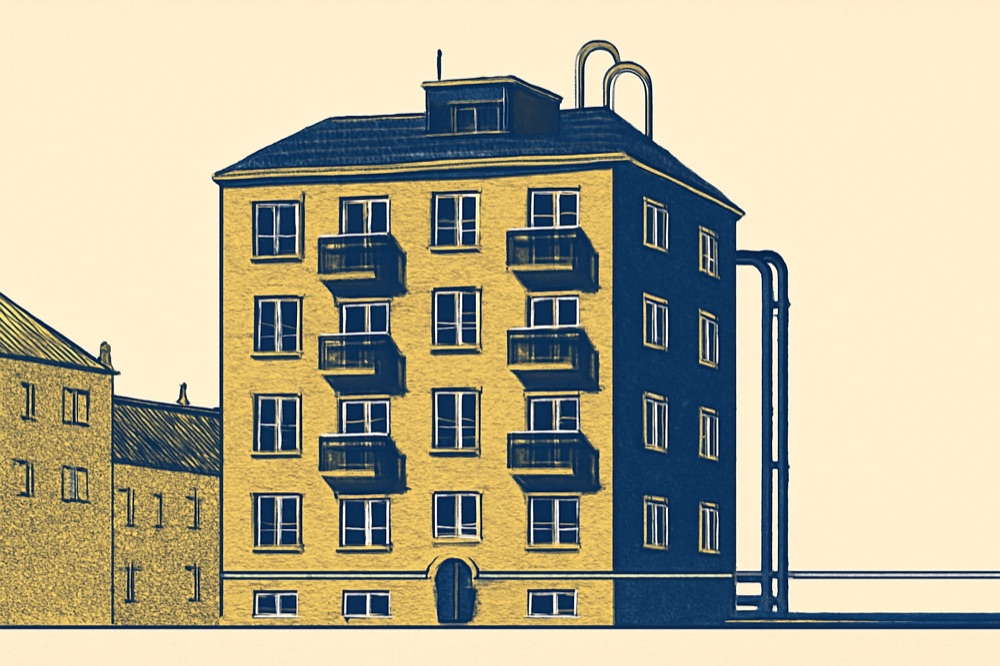 Illustration of an apartment block with rooftop plant and district heat pipes