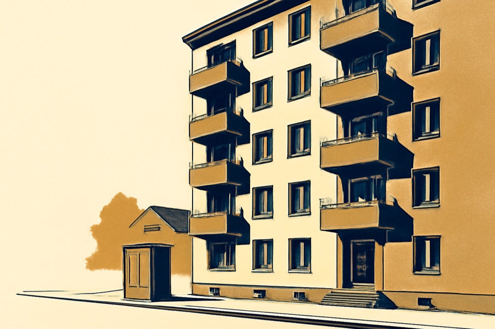 Illustration of a five‑storey German apartment block with a visible district‑heat substation box