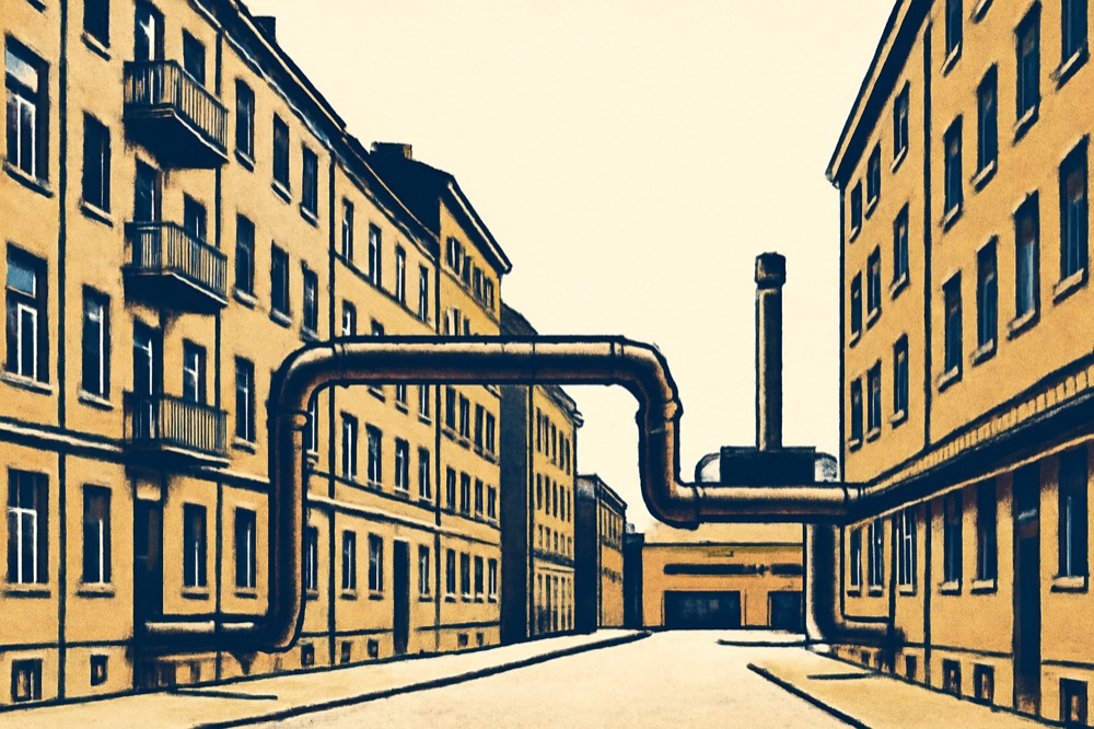 Mehrgeschossige Wohnh e4user mit sichtbaren Fernwärmeleitungen, die in Kellerr e4ume f fchren; kommunales Heizkraftwerk im Hintergrund.