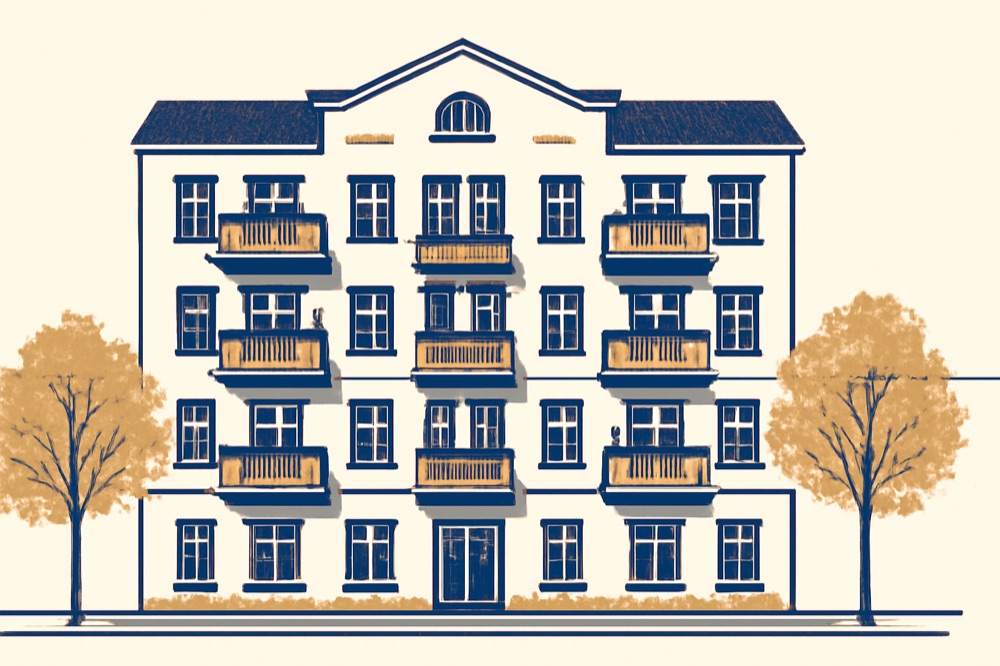 Zweifarbige Architekturillustration einer Berliner Mehrfamilienhausfassade mit Balkonen und Straßenbäumen