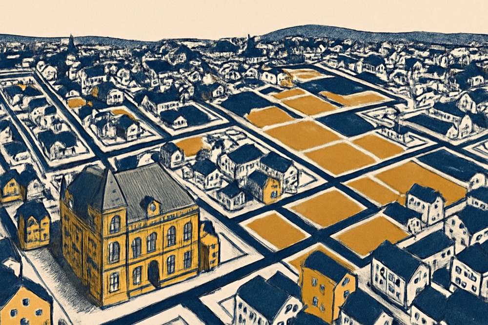 Luftaufnahme einer Stadt mit stilisierten Fernwärmeleitungen und schraffierten Wärmegebieten (zweifarbige Illustration)
