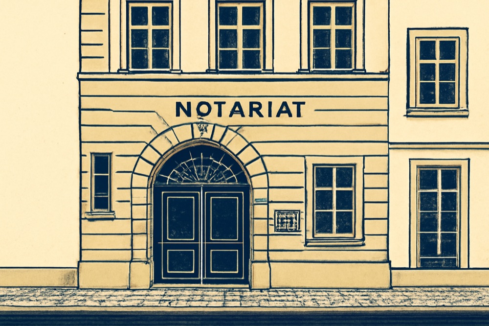 Front façade of a historic German notary office with arched doorway and brass mailbox