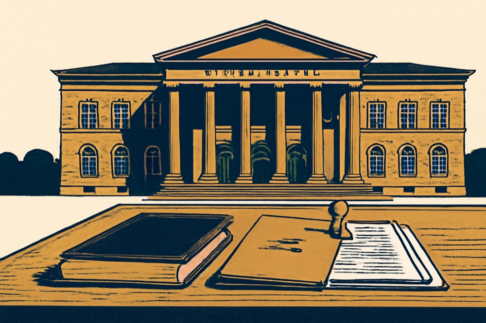 Zweifarbige Linienillustration der Fassade eines deutschen Amtsgerichts mit einem Tisch im Vordergrund, auf dem ein Ledger und ein gestempelter Ordner liegen.