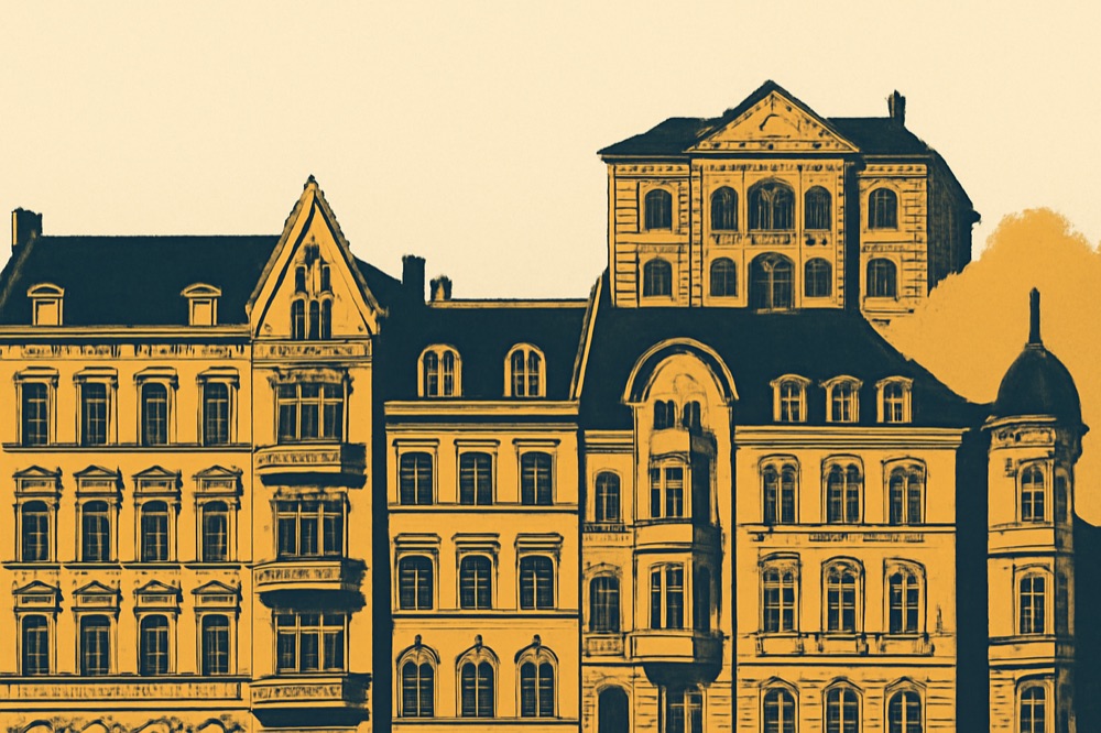 Gründerzeit apartment buildings with a small district court building behind, two‑colour architectural illustration.