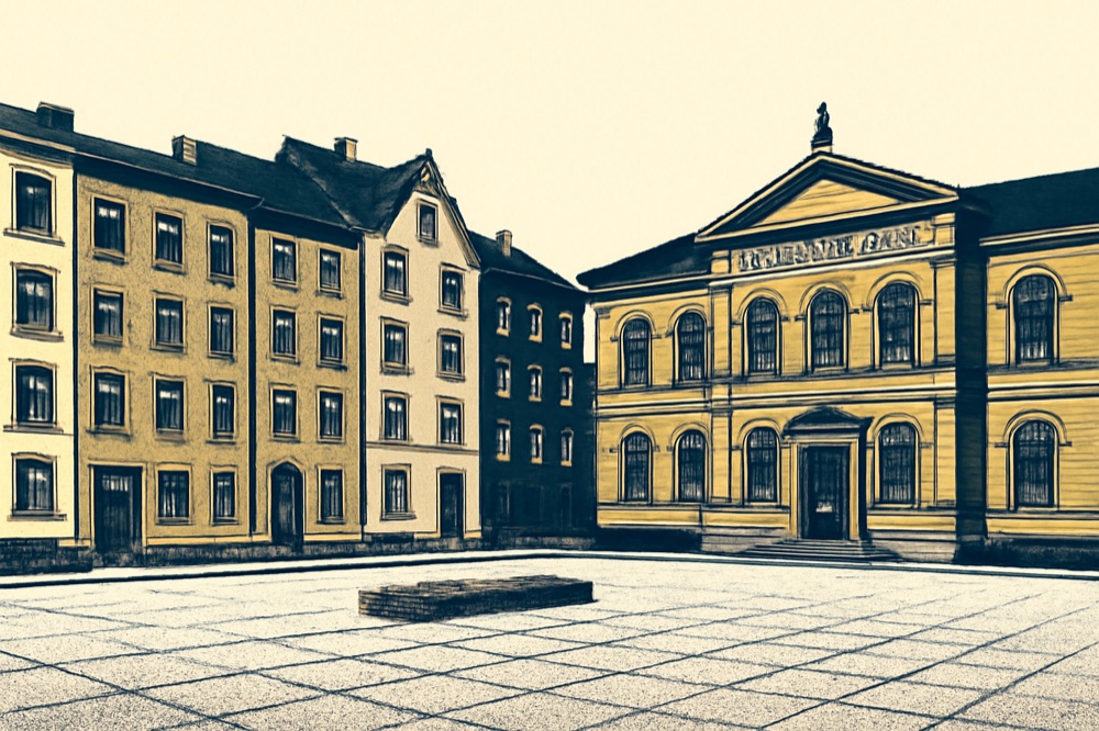 Two-colour architectural illustration of apartment blocks and a local Amtsgericht (court) building